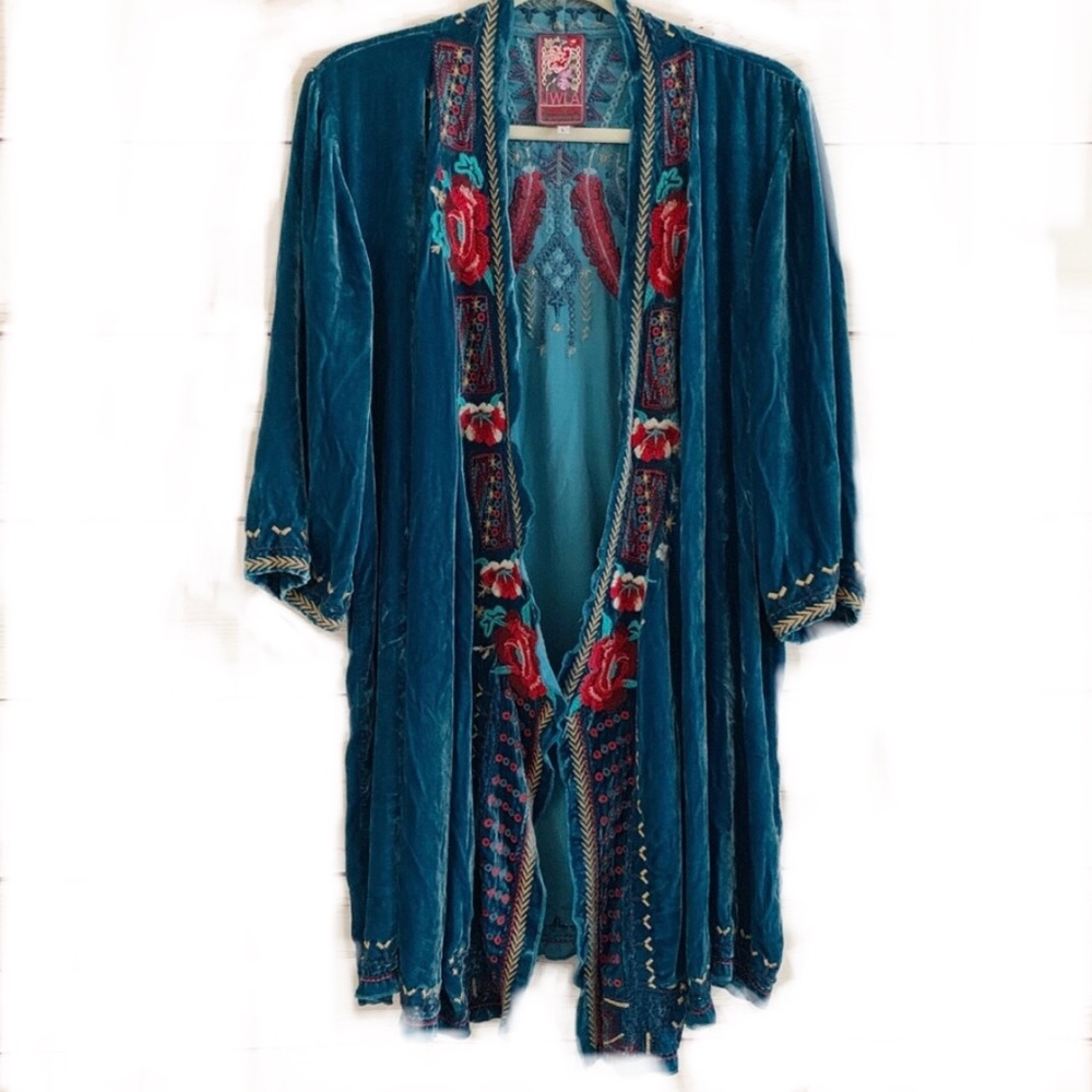 Johnny Was Teal Velvet Emb. Open Front Topper L